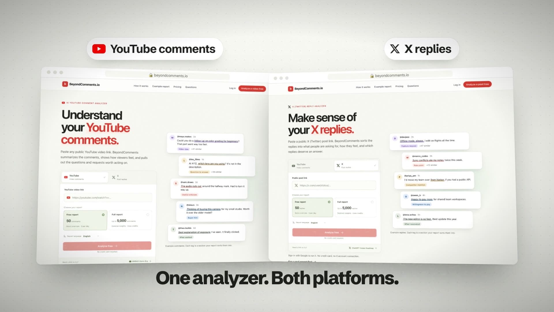 BeyondComments product tour: the YouTube comment analyzer and the X reply analyzer side by side