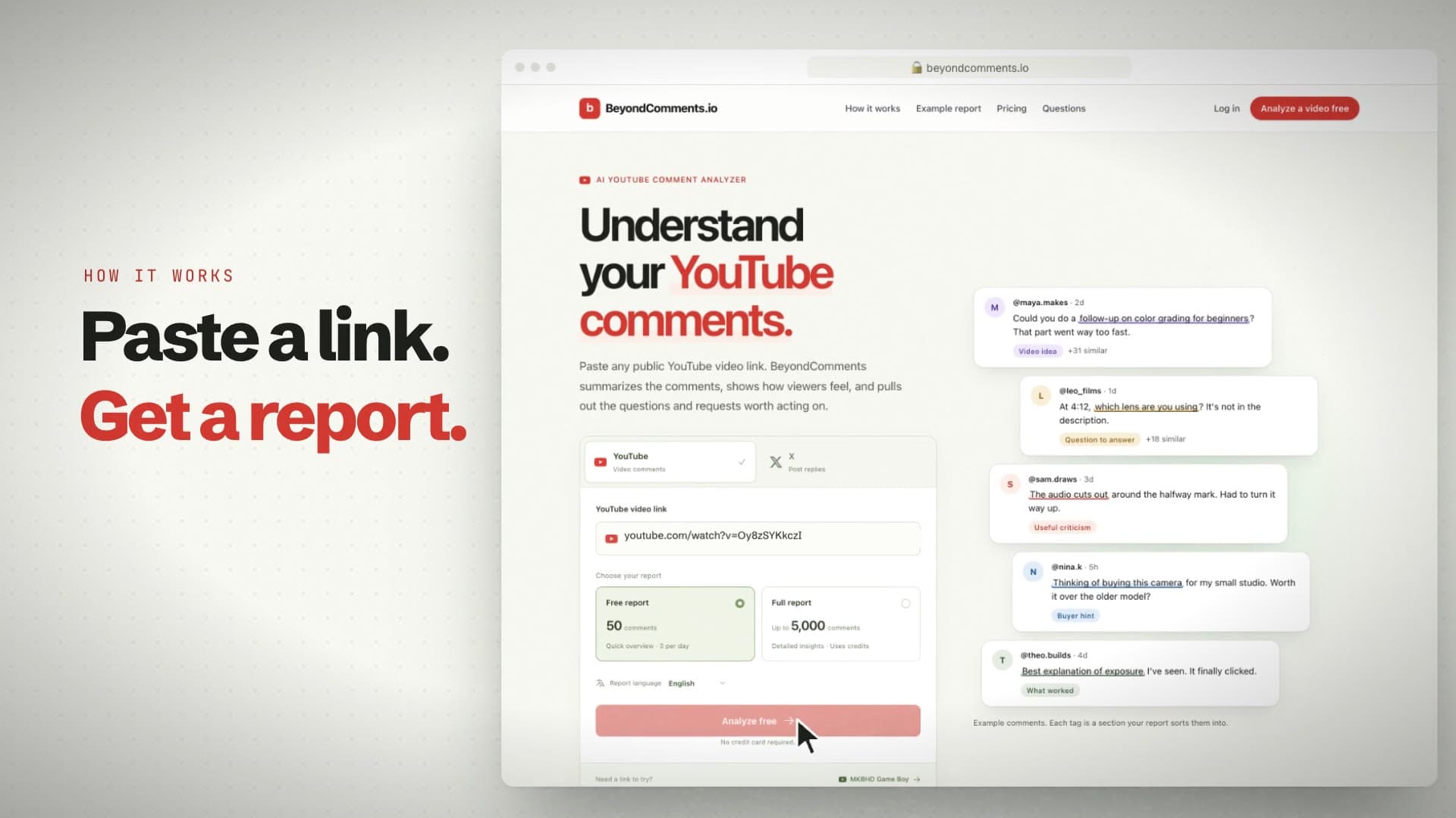 BeyondComments product tour: pasting a YouTube video link into the comment analyzer to get a report